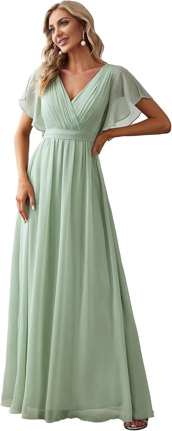 Ever-Pretty Women's Bridesmaid Dress V-Neck Ruffle Sleeves Ruched Bust Floor Length Chiffon Formal Dresses 0164A