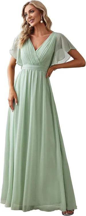 Ever-Pretty Women's Bridesmaid Dress V-Neck Ruffle Sleeves Ruched Bust Floor Length Chiffon Formal Dresses 0164A