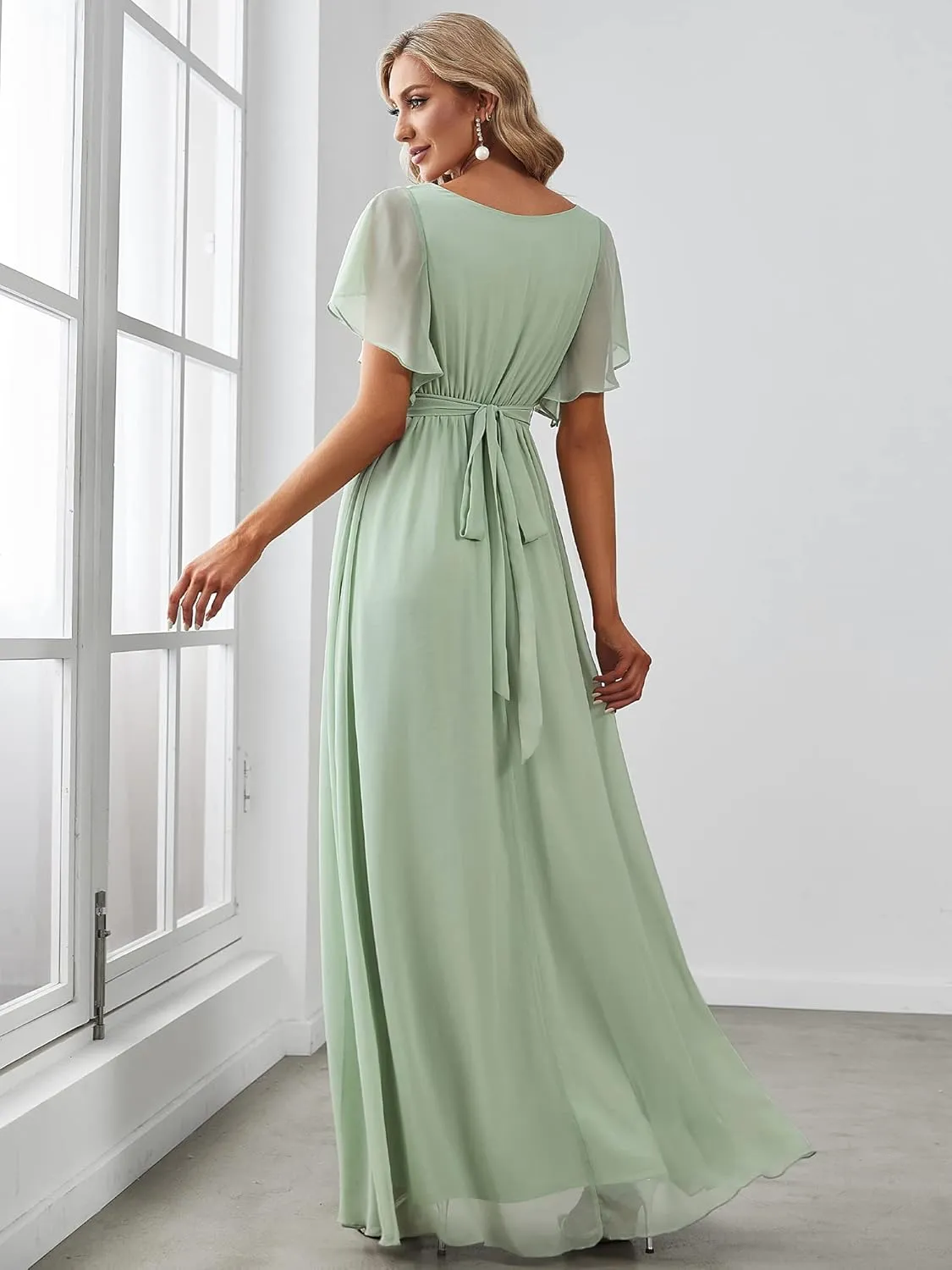 Ever-Pretty Women's Bridesmaid Dress V-Neck Ruffle Sleeves Ruched Bust Floor Length Chiffon Formal Dresses 0164A