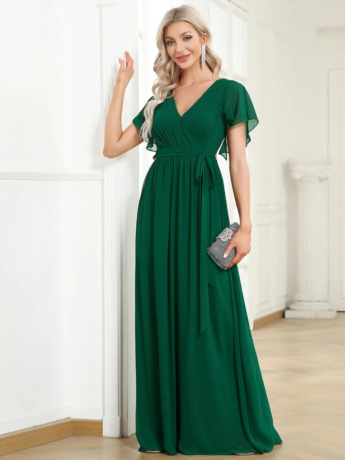 Ever-Pretty Women's Bridesmaid Dress V-Neck Ruffle Sleeves Ruched Bust Floor Length Chiffon Formal Dresses 0164A