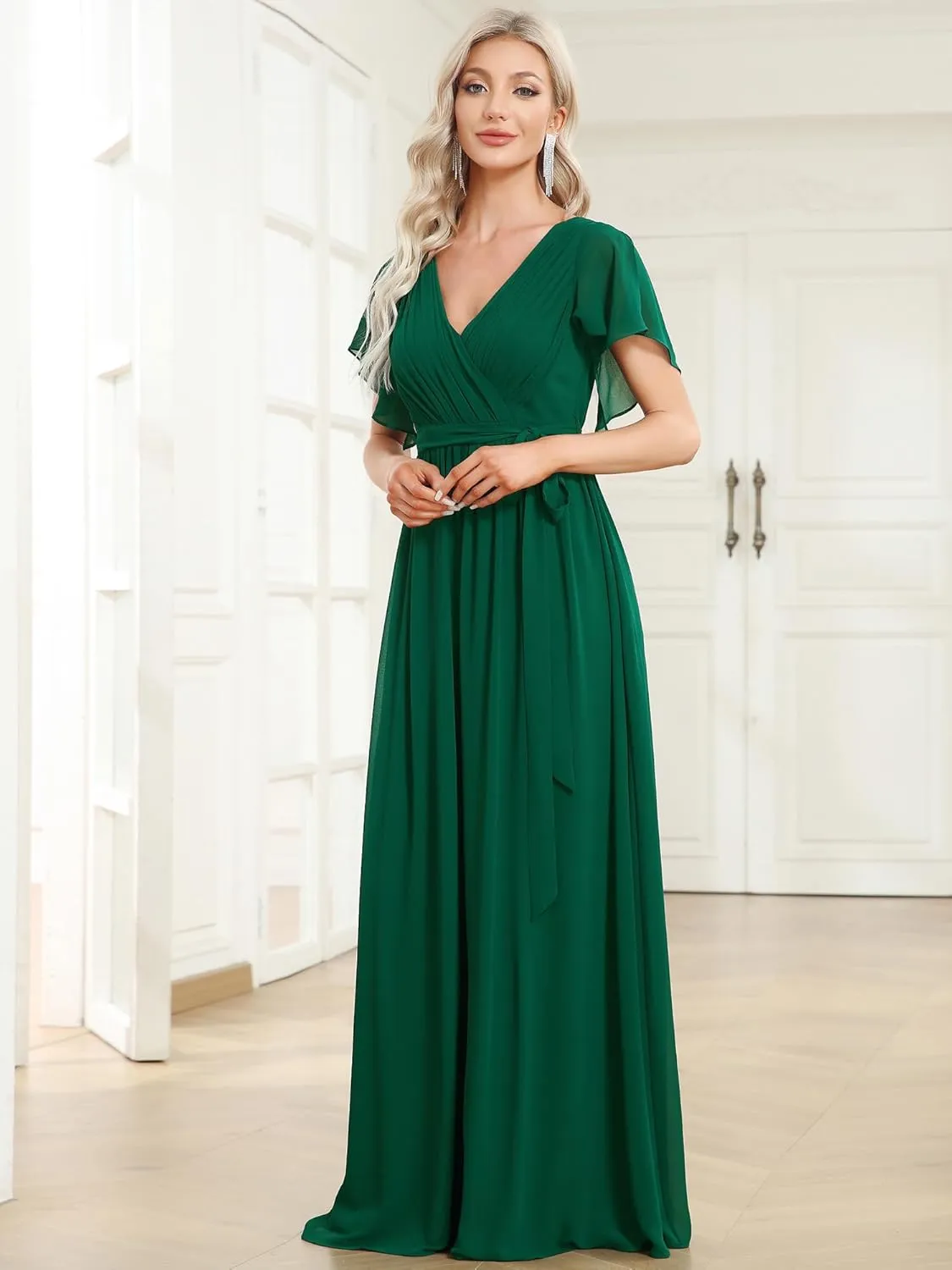 Ever-Pretty Women's Bridesmaid Dress V-Neck Ruffle Sleeves Ruched Bust Floor Length Chiffon Formal Dresses 0164A