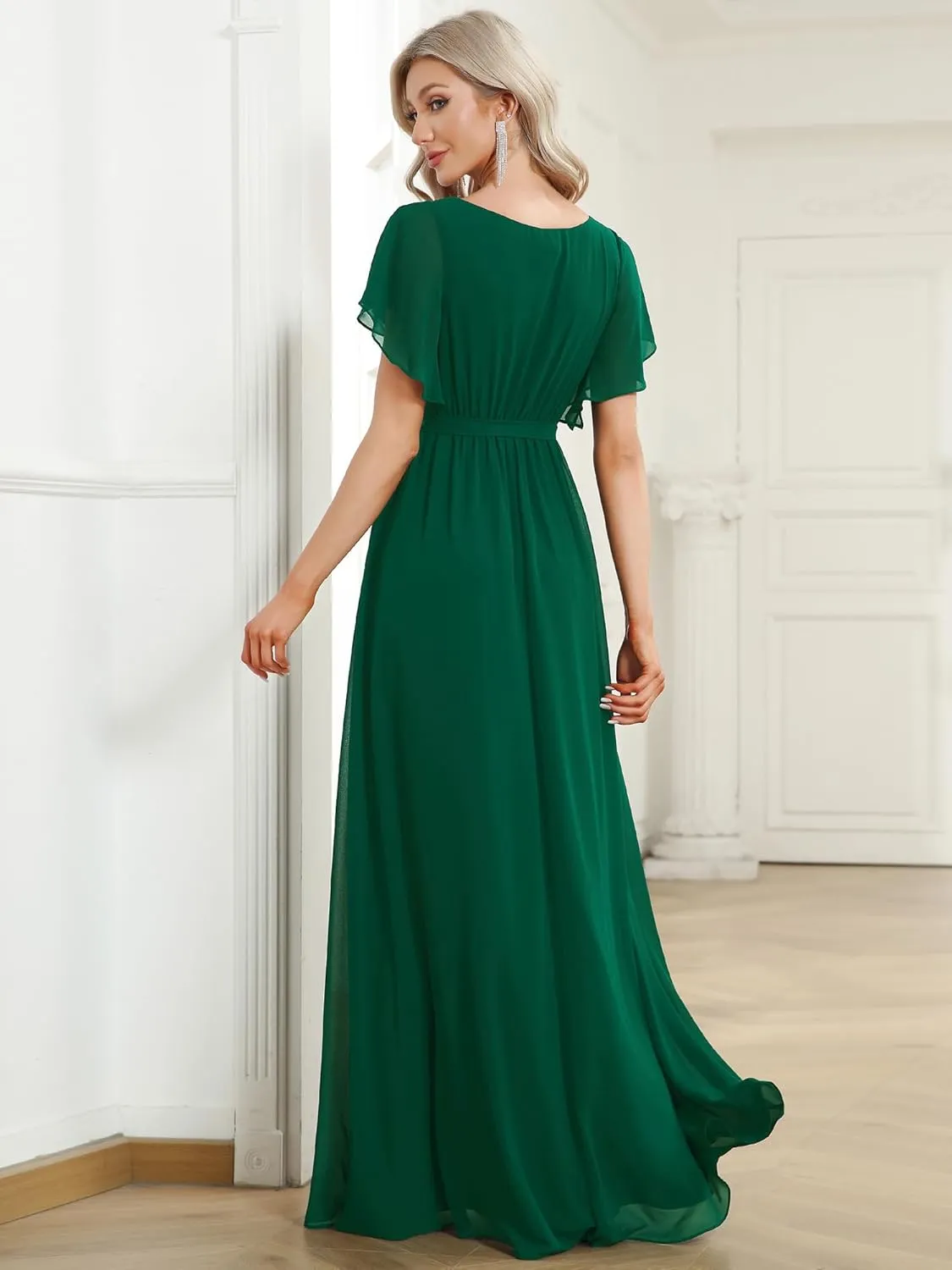 Ever-Pretty Women's Bridesmaid Dress V-Neck Ruffle Sleeves Ruched Bust Floor Length Chiffon Formal Dresses 0164A