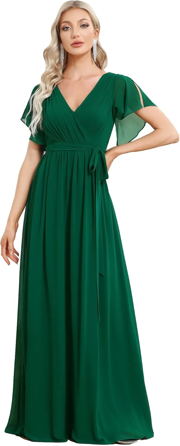 Ever-Pretty Women's Bridesmaid Dress V-Neck Ruffle Sleeves Ruched Bust Floor Length Chiffon Formal Dresses 0164A