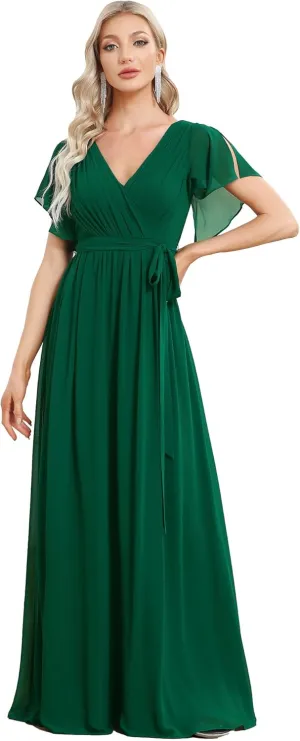 Ever-Pretty Women's Bridesmaid Dress V-Neck Ruffle Sleeves Ruched Bust Floor Length Chiffon Formal Dresses 0164A