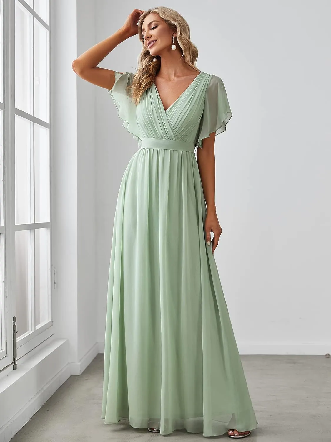 Ever-Pretty Women's Bridesmaid Dress V-Neck Ruffle Sleeves Ruched Bust Floor Length Chiffon Formal Dresses 0164A