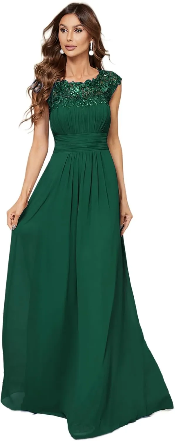 Ever-Pretty Women's Cap Sleeve Ruched Lace Round Neck Chiffon Formal Evening Gowns 09993-US