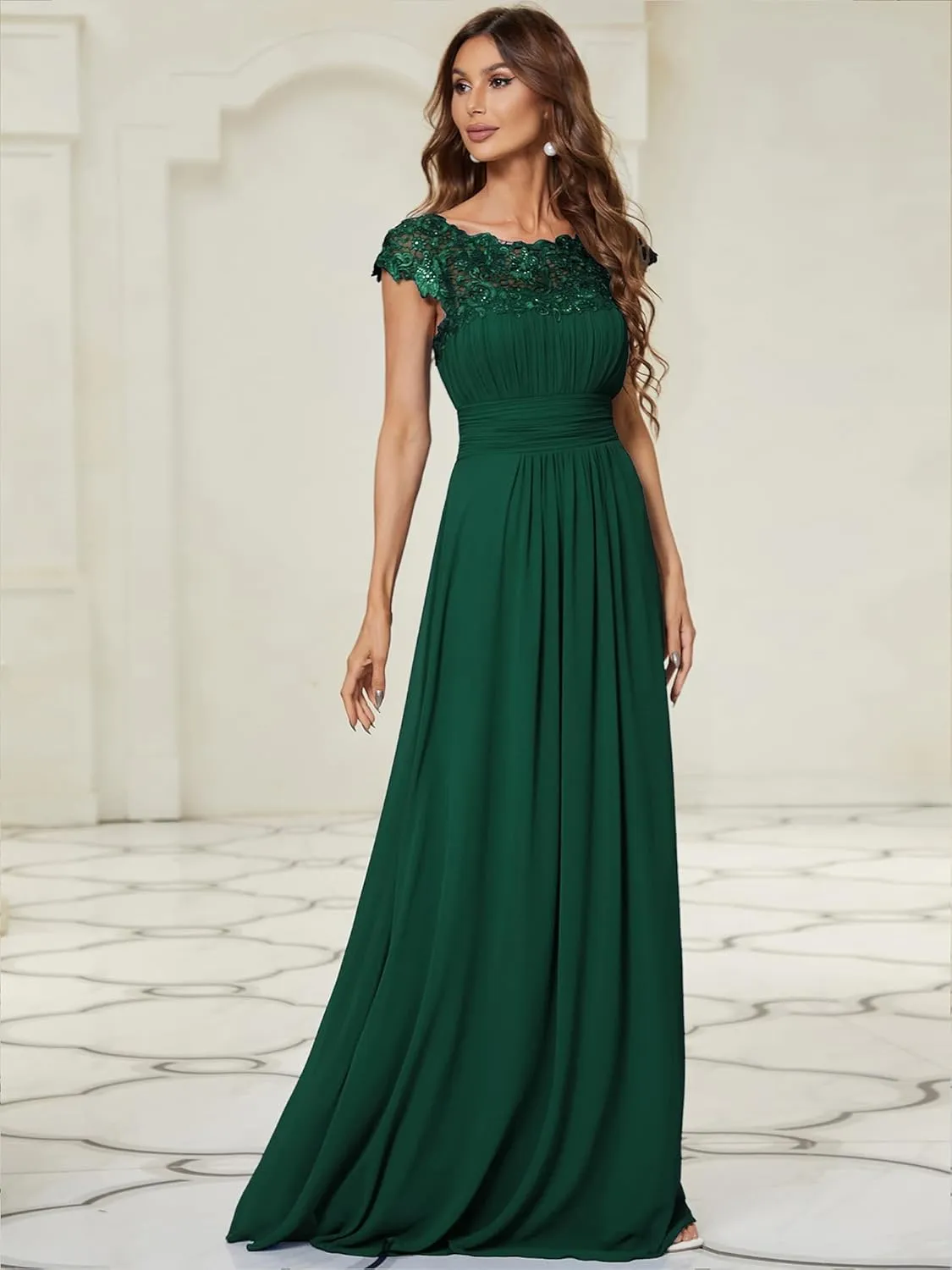 Ever-Pretty Women's Cap Sleeve Ruched Lace Round Neck Chiffon Formal Evening Gowns 09993-US