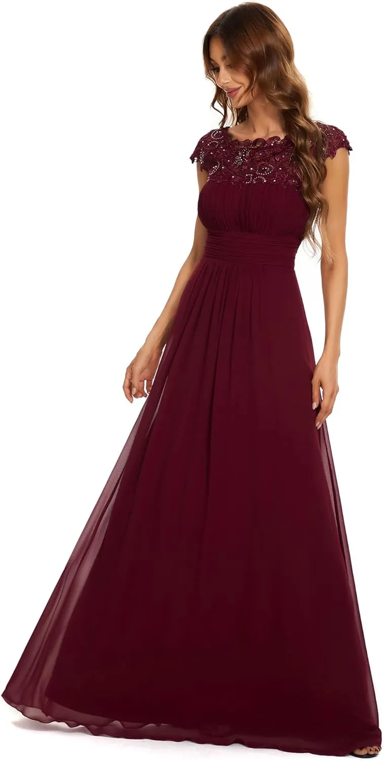 Ever-Pretty Women's Cap Sleeve Ruched Lace Round Neck Chiffon Formal Evening Gowns 09993-US