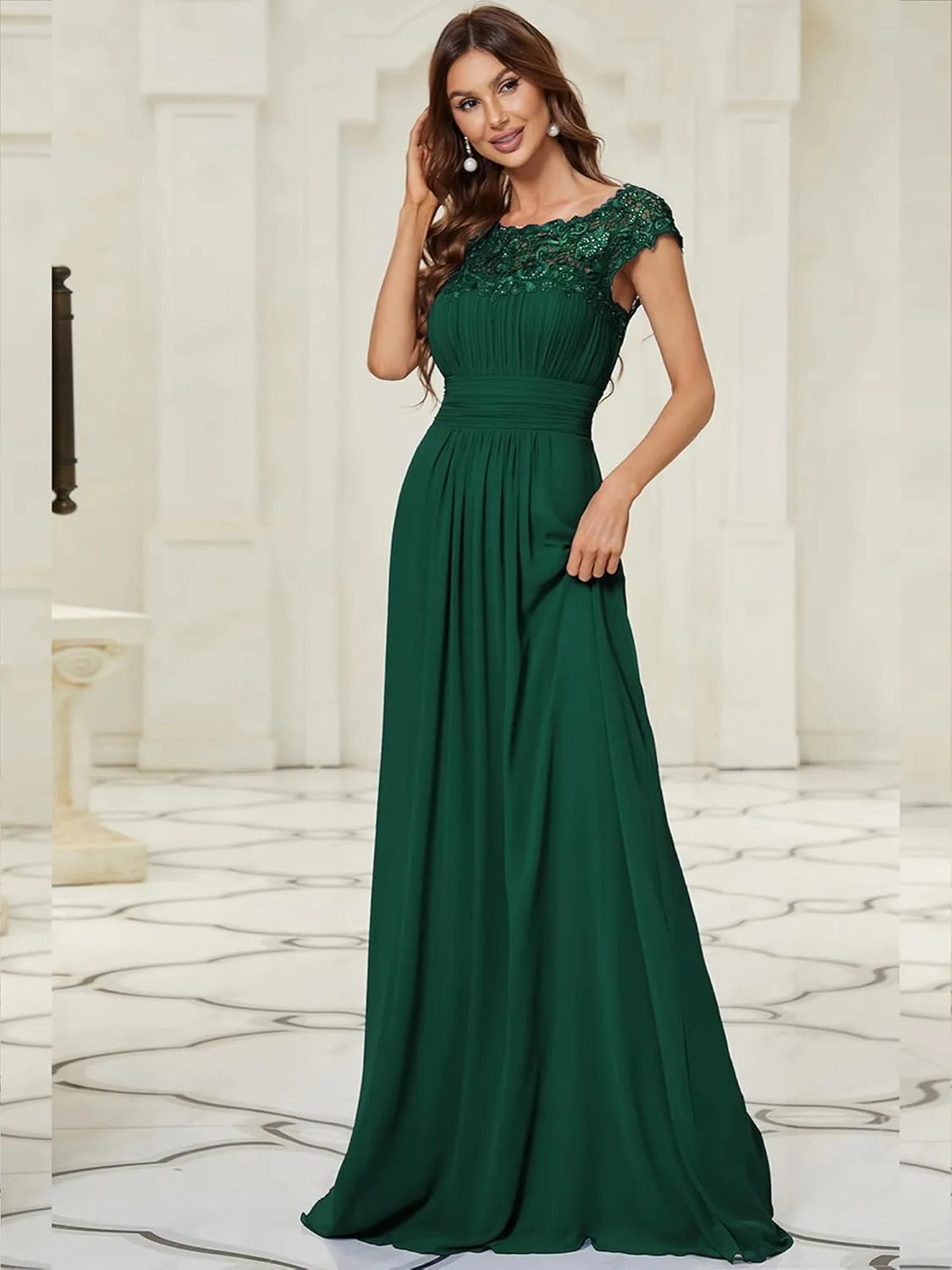 Ever-Pretty Women's Cap Sleeve Ruched Lace Round Neck Chiffon Formal Evening Gowns 09993-US