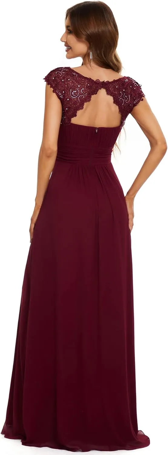 Ever-Pretty Women's Cap Sleeve Ruched Lace Round Neck Chiffon Formal Evening Gowns 09993-US