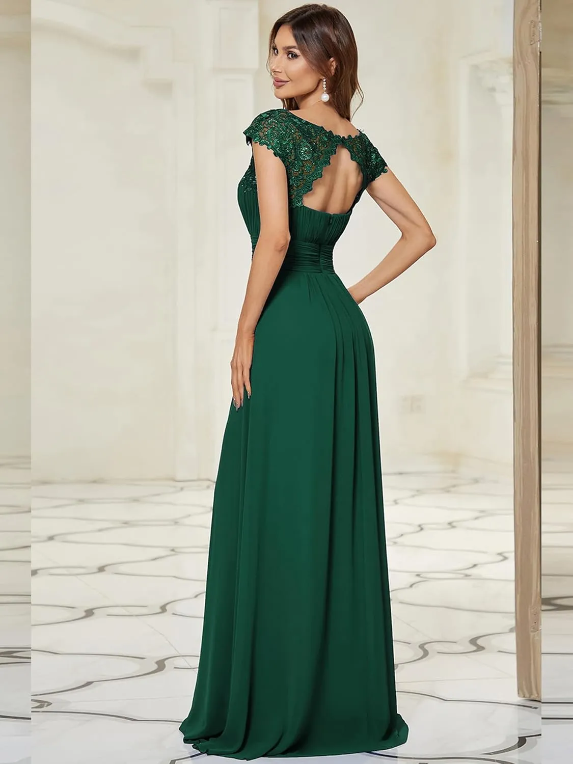 Ever-Pretty Women's Cap Sleeve Ruched Lace Round Neck Chiffon Formal Evening Gowns 09993-US