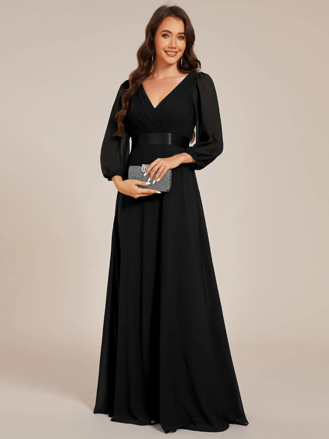 Ever-Pretty Women's Chiffon A-Line Floor Length V Neck Long Sleeves Pleated Maxi Formal Dress 03890