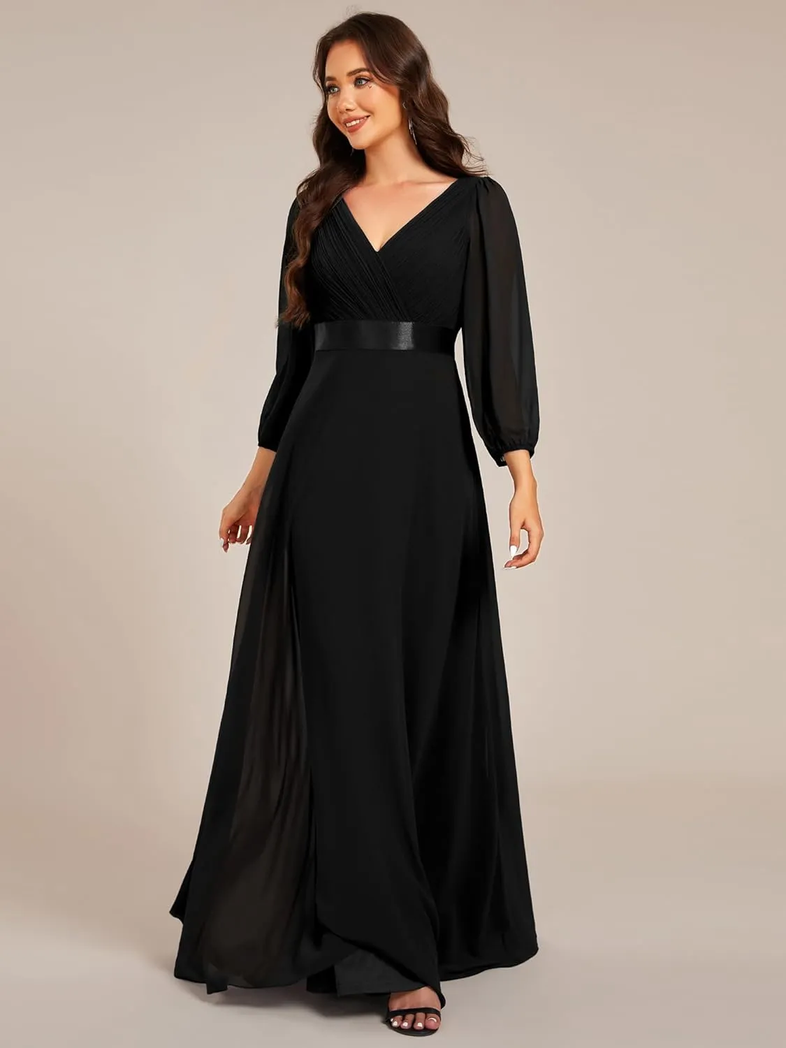 Ever-Pretty Women's Chiffon A-Line Floor Length V Neck Long Sleeves Pleated Maxi Formal Dress 03890