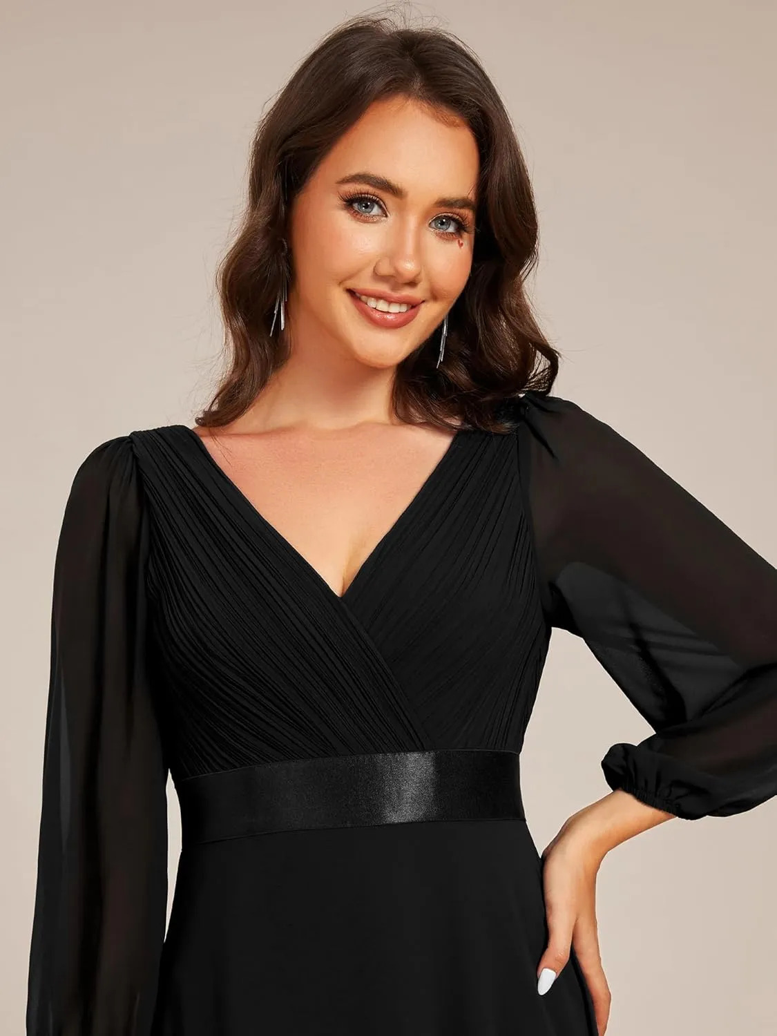 Ever-Pretty Women's Chiffon A-Line Floor Length V Neck Long Sleeves Pleated Maxi Formal Dress 03890