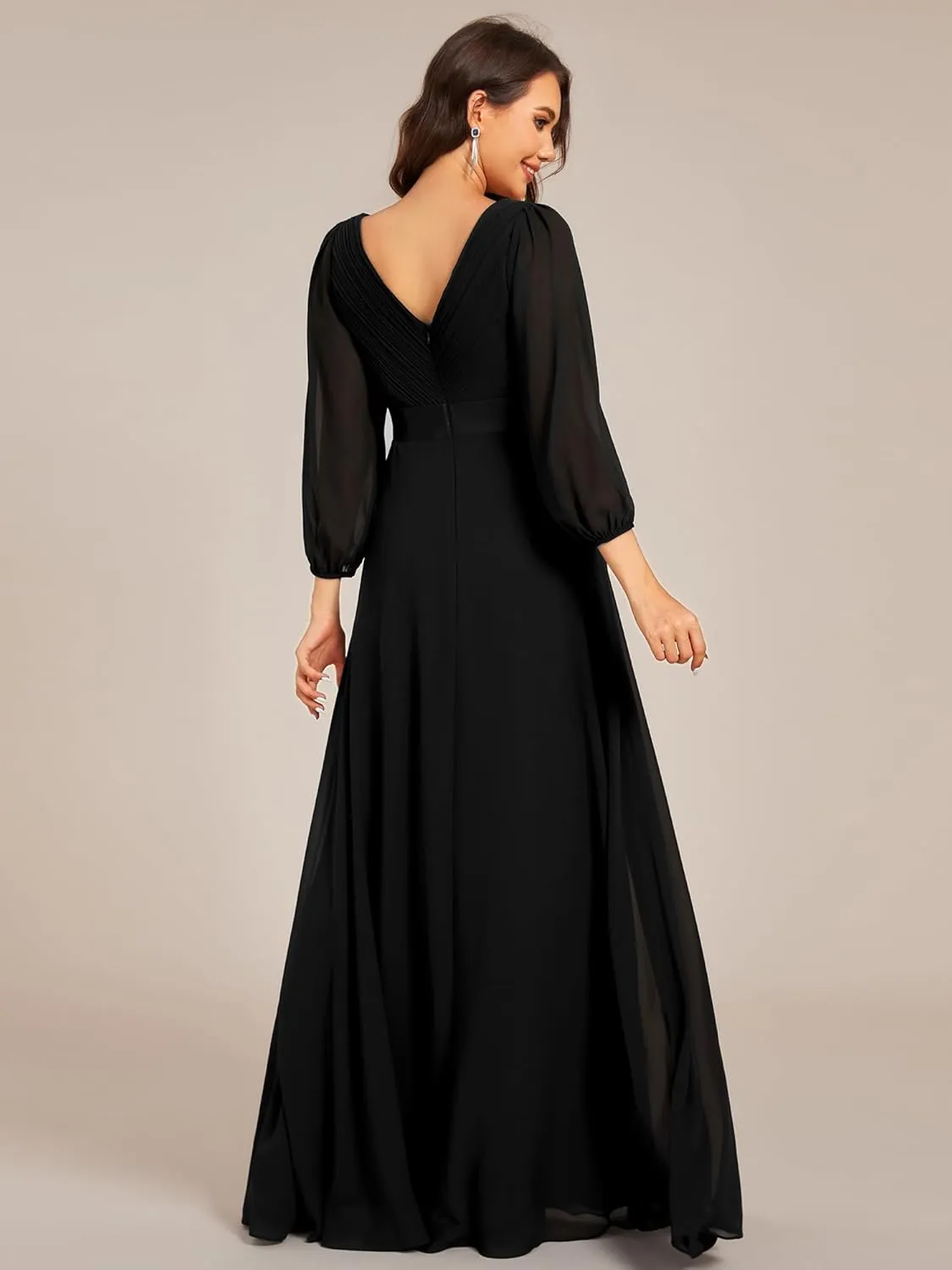 Ever-Pretty Women's Chiffon A-Line Floor Length V Neck Long Sleeves Pleated Maxi Formal Dress 03890