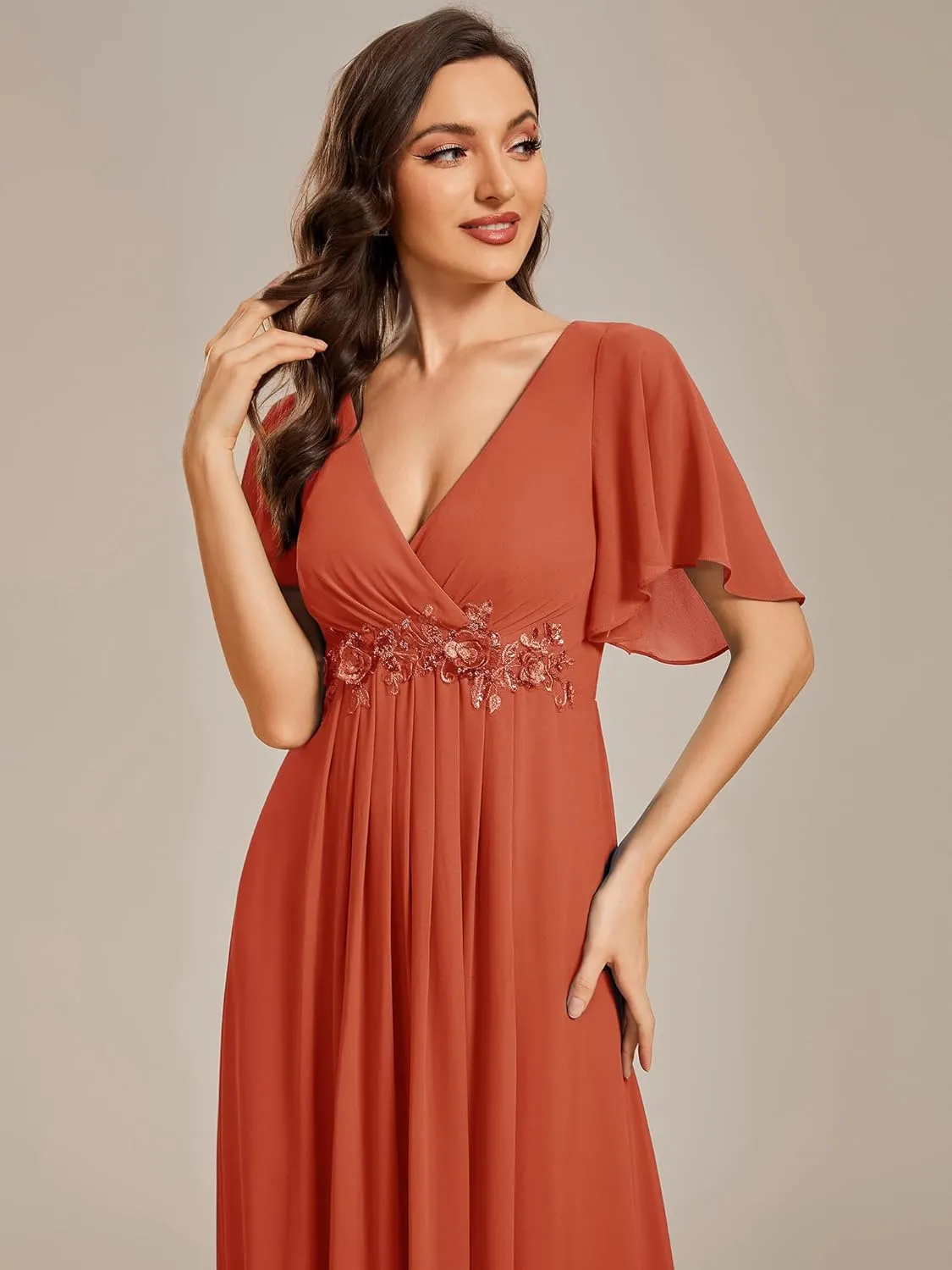 Ever-Pretty Women's Chiffon A-Line Ruched Short Sleeves Applique Waist V Neck Formal Dresses and Evening Gowns