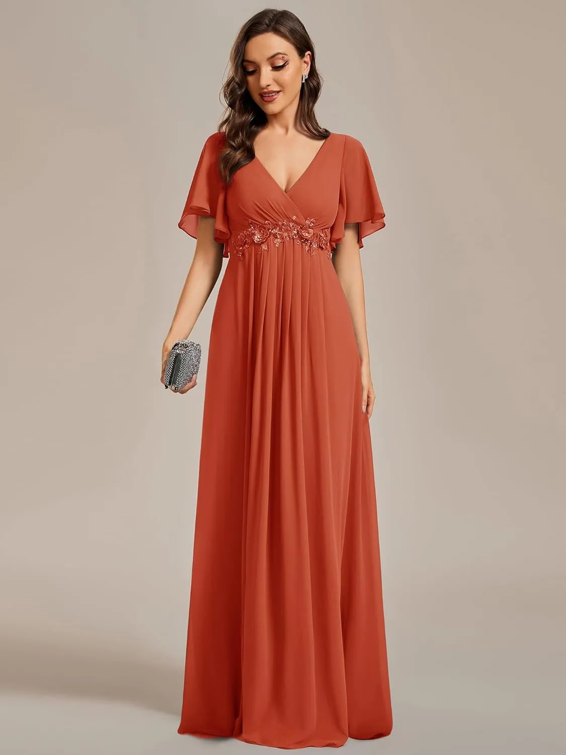 Ever-Pretty Women's Chiffon A-Line Ruched Short Sleeves Applique Waist V Neck Formal Dresses and Evening Gowns