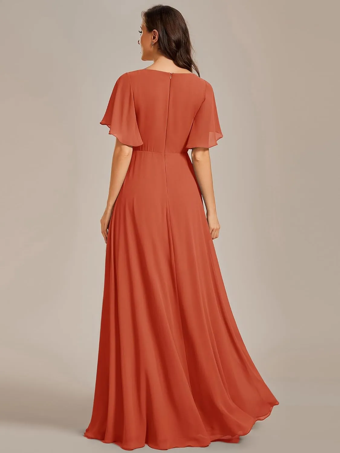 Ever-Pretty Women's Chiffon A-Line Ruched Short Sleeves Applique Waist V Neck Formal Dresses and Evening Gowns