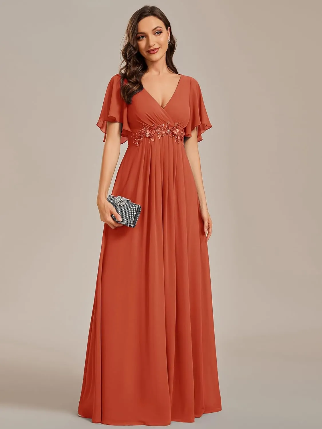 Ever-Pretty Women's Chiffon A-Line Ruched Short Sleeves Applique Waist V Neck Formal Dresses and Evening Gowns