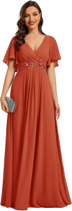 Ever-Pretty Women's Chiffon A-Line Ruched Short Sleeves Applique Waist V Neck Formal Dresses and Evening Gowns