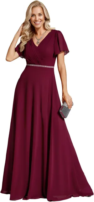 Ever-Pretty Women's Chiffon Formal Dress A-Line V Neck Ruffle Sleeves Floor Length Evening Gown 11981