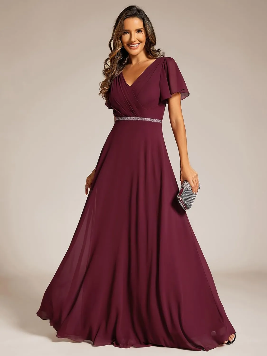 Ever-Pretty Women's Chiffon Formal Dress A-Line V Neck Ruffle Sleeves Floor Length Evening Gown 11981