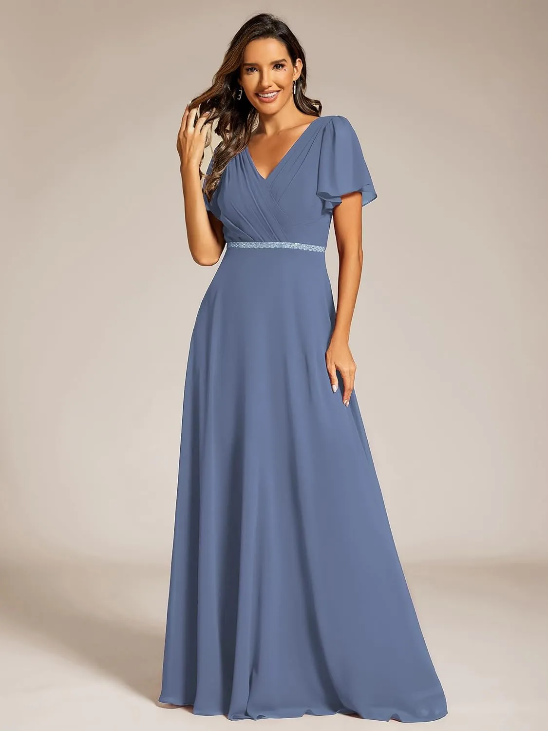 Ever-Pretty Women's Chiffon Formal Dress A-Line V Neck Ruffle Sleeves Floor Length Evening Gown 11981