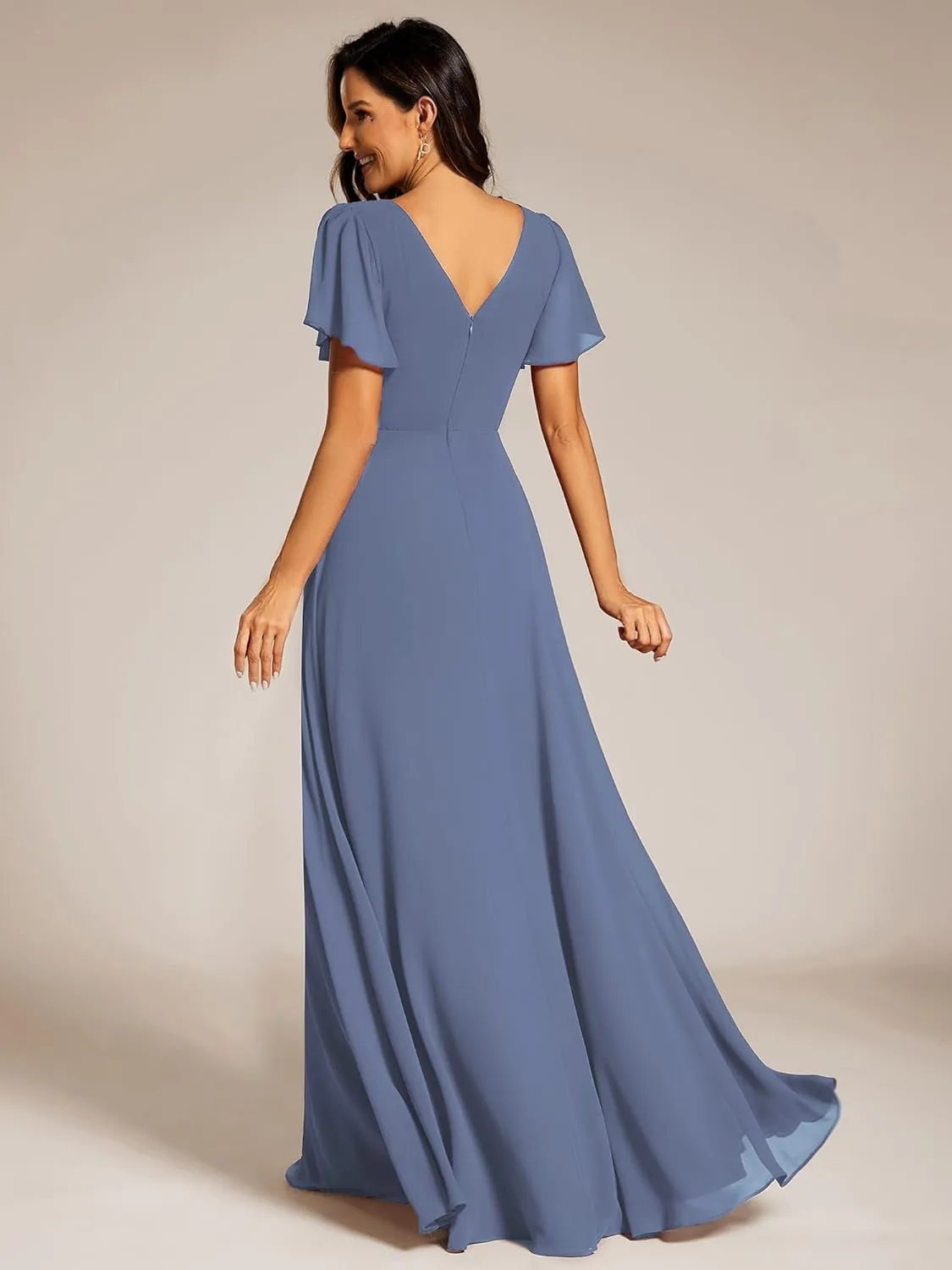 Ever-Pretty Women's Chiffon Formal Dress A-Line V Neck Ruffle Sleeves Floor Length Evening Gown 11981