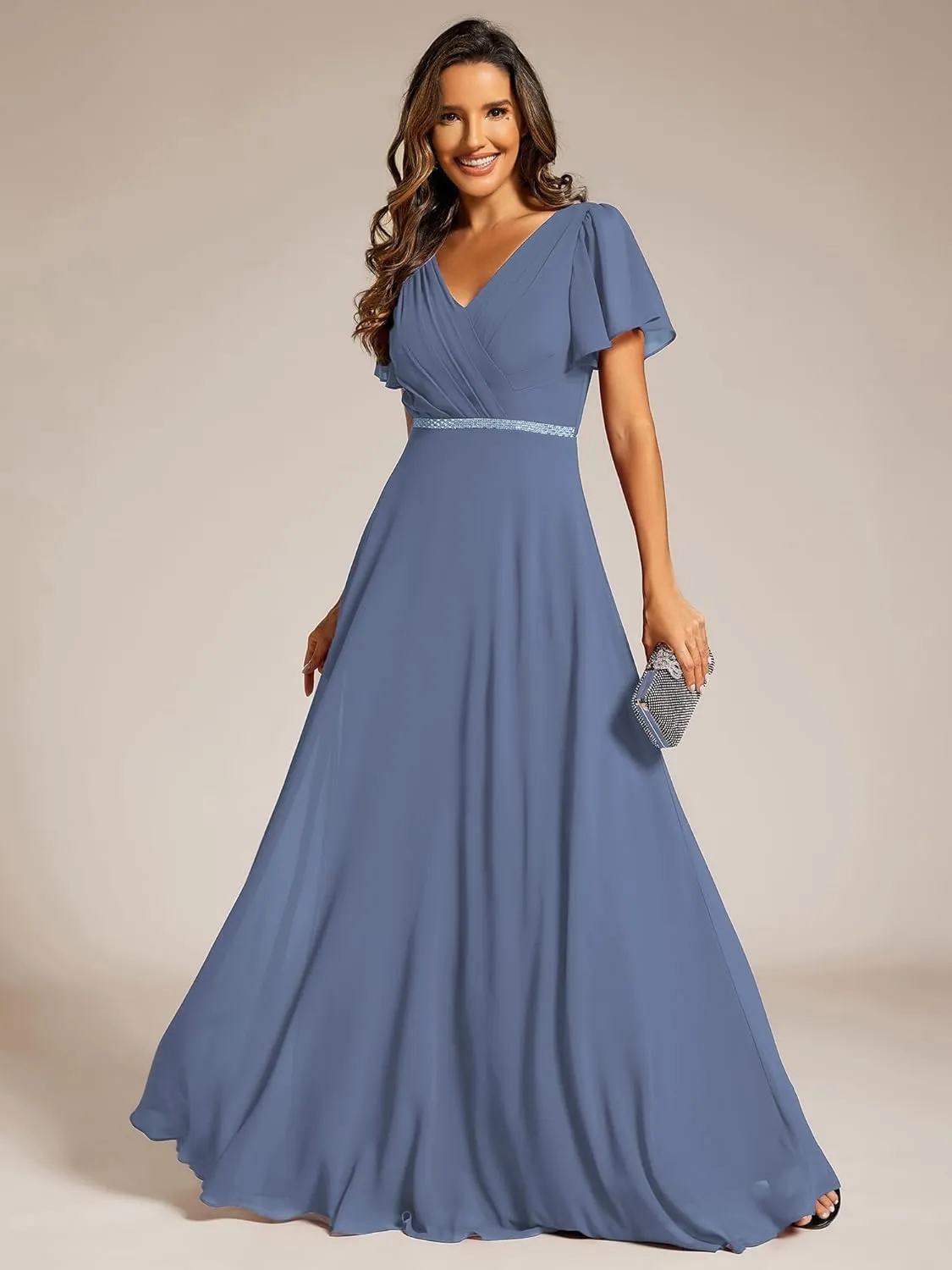 Ever-Pretty Women's Chiffon Formal Dress A-Line V Neck Ruffle Sleeves Floor Length Evening Gown 11981