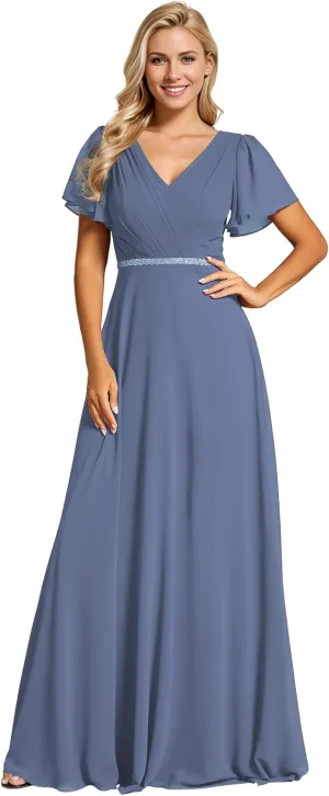 Ever-Pretty Women's Chiffon Formal Dress A-Line V Neck Ruffle Sleeves Floor Length Evening Gown 11981