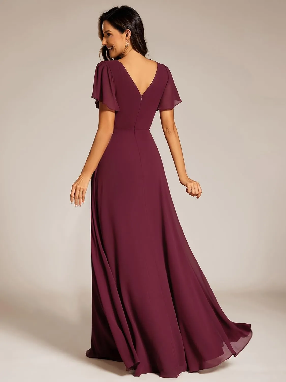 Ever-Pretty Women's Chiffon Formal Dress A-Line V Neck Ruffle Sleeves Floor Length Evening Gown 11981