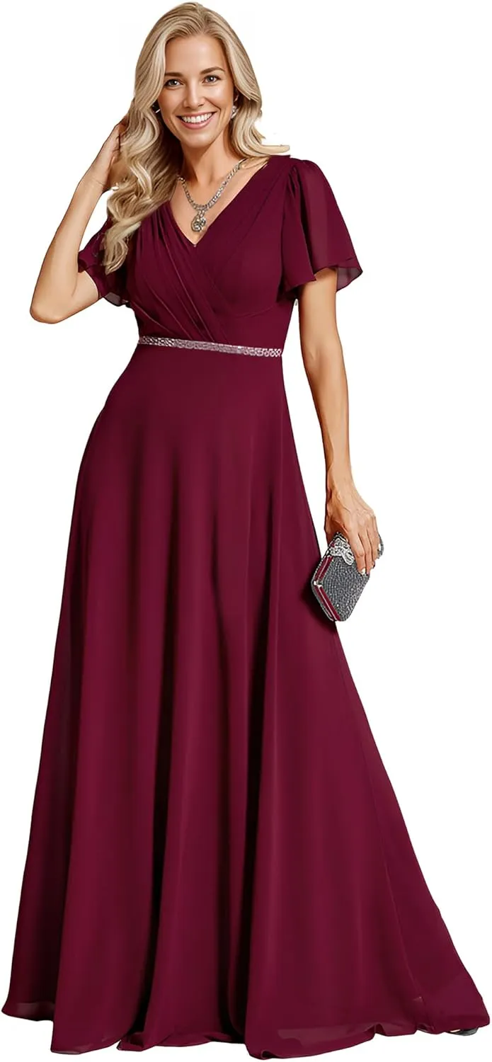 Ever-Pretty Women's Chiffon Formal Dress A-Line V Neck Ruffle Sleeves Floor Length Evening Gown 11981