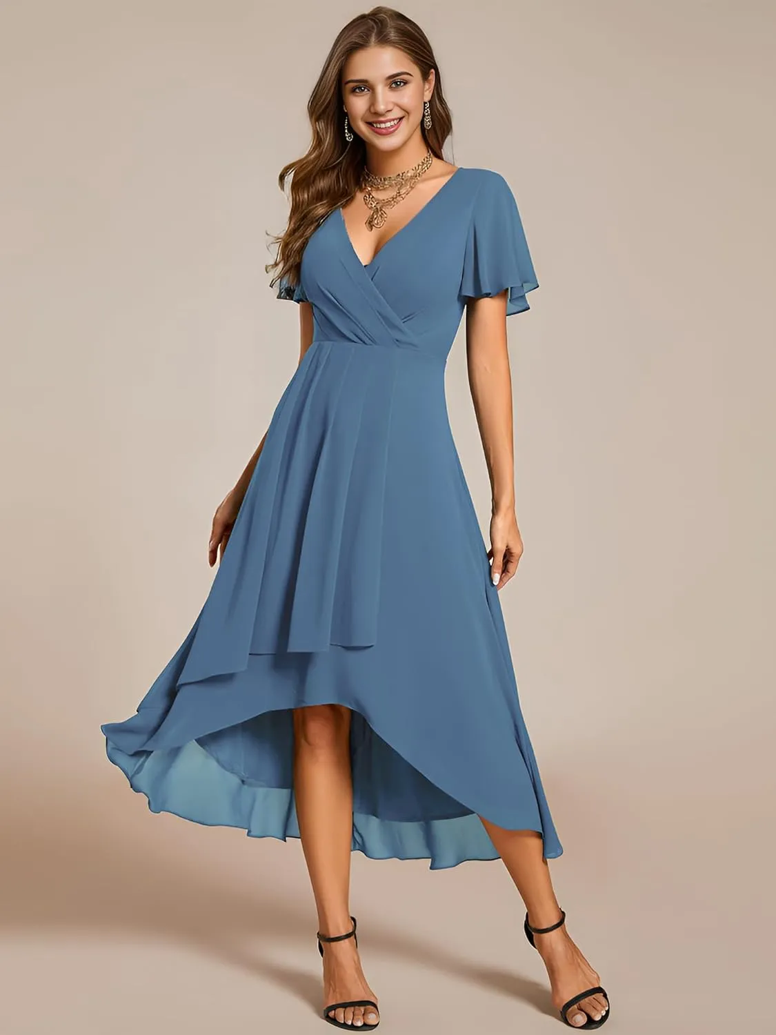 Ever-Pretty Women's Chiffon Formal Dresses V Neck Ruffle Sleeves Pleated High Low Summer Wedding Guest Dress