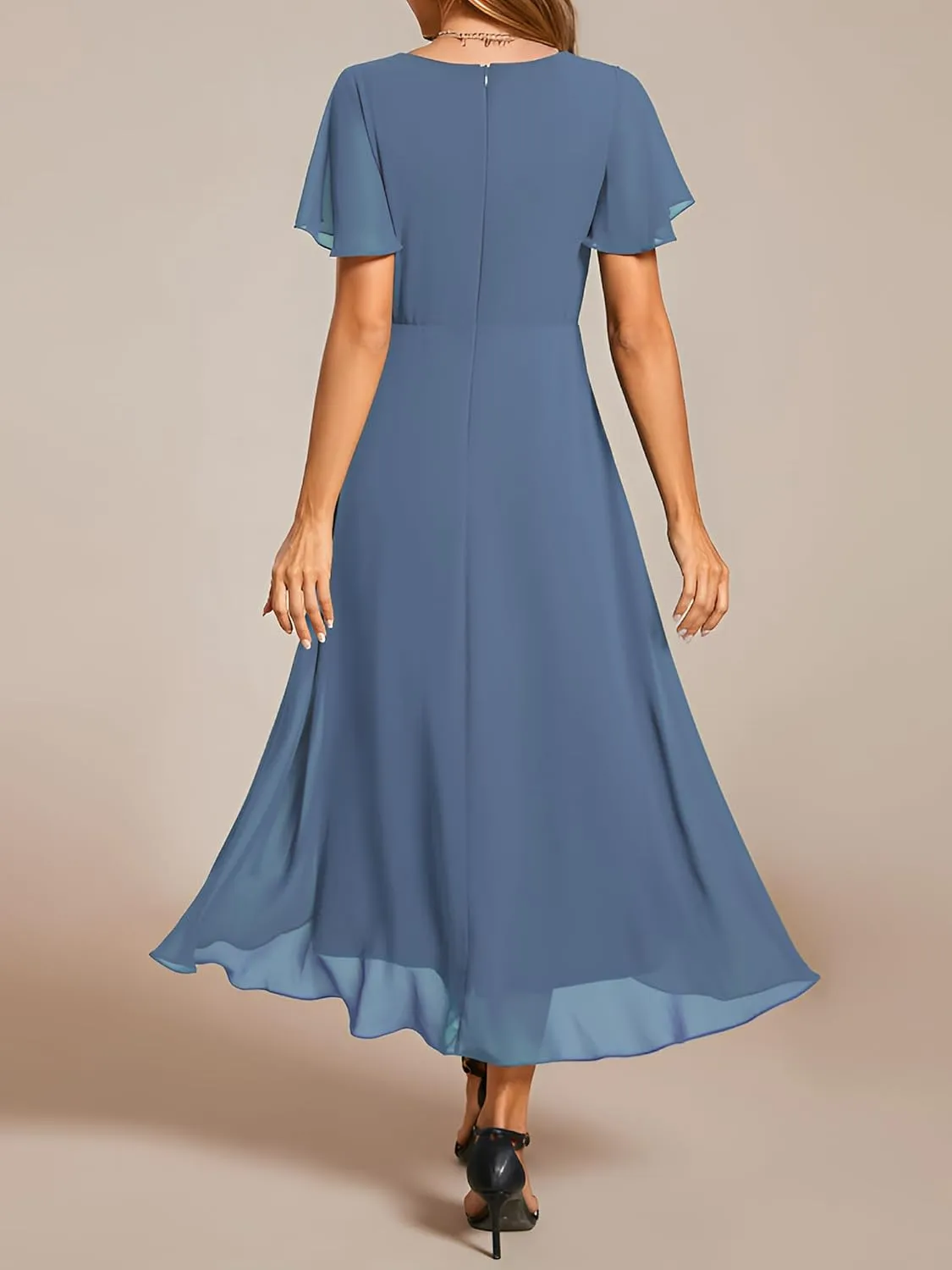 Ever-Pretty Women's Chiffon Formal Dresses V Neck Ruffle Sleeves Pleated High Low Summer Wedding Guest Dress