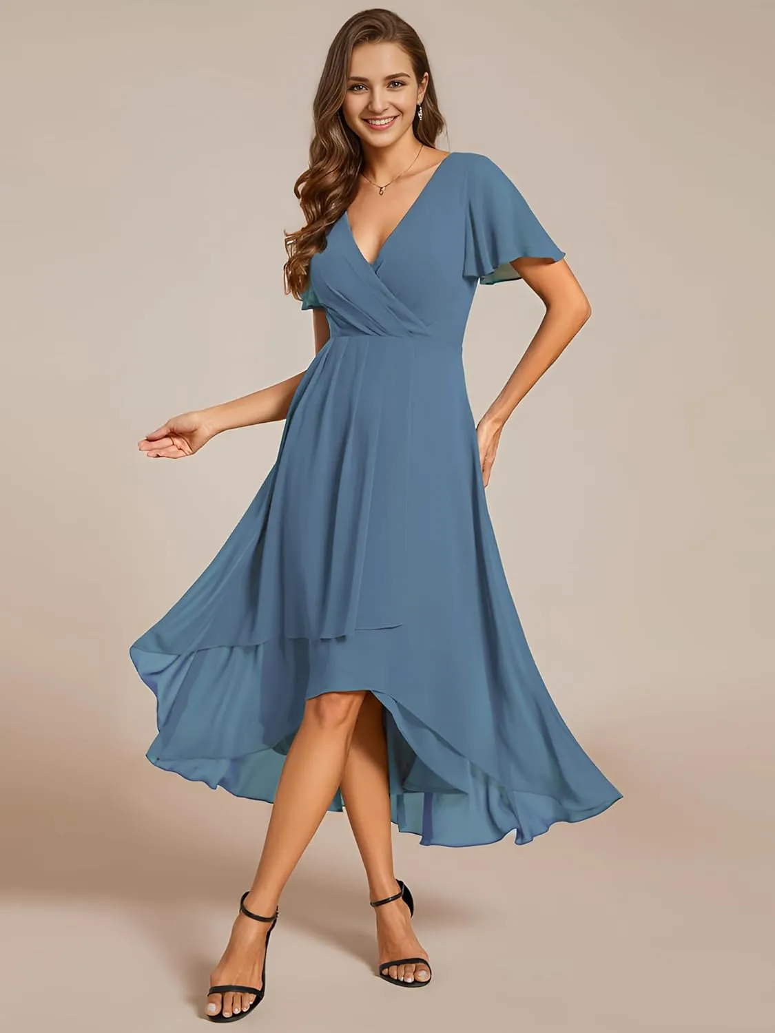 Ever-Pretty Women's Chiffon Formal Dresses V Neck Ruffle Sleeves Pleated High Low Summer Wedding Guest Dress