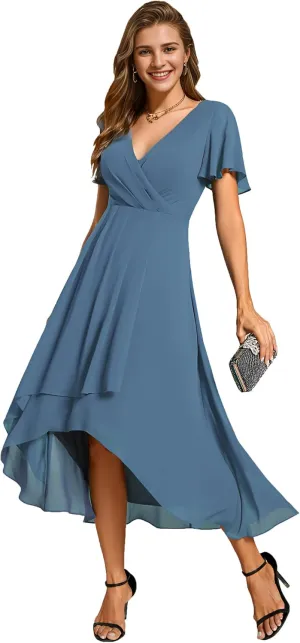 Ever-Pretty Women's Chiffon Formal Dresses V Neck Ruffle Sleeves Pleated High Low Summer Wedding Guest Dress