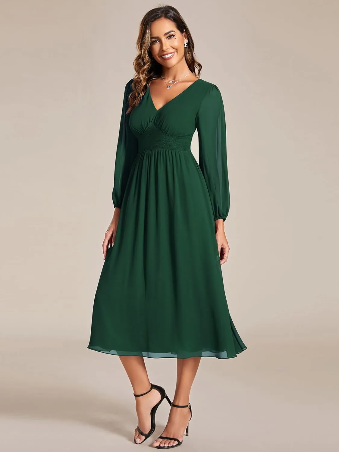 Ever-Pretty Women's Chiffon Long Sleeve Elastic Waist A-Line Knee Length Wedding Guest Dresses 01929