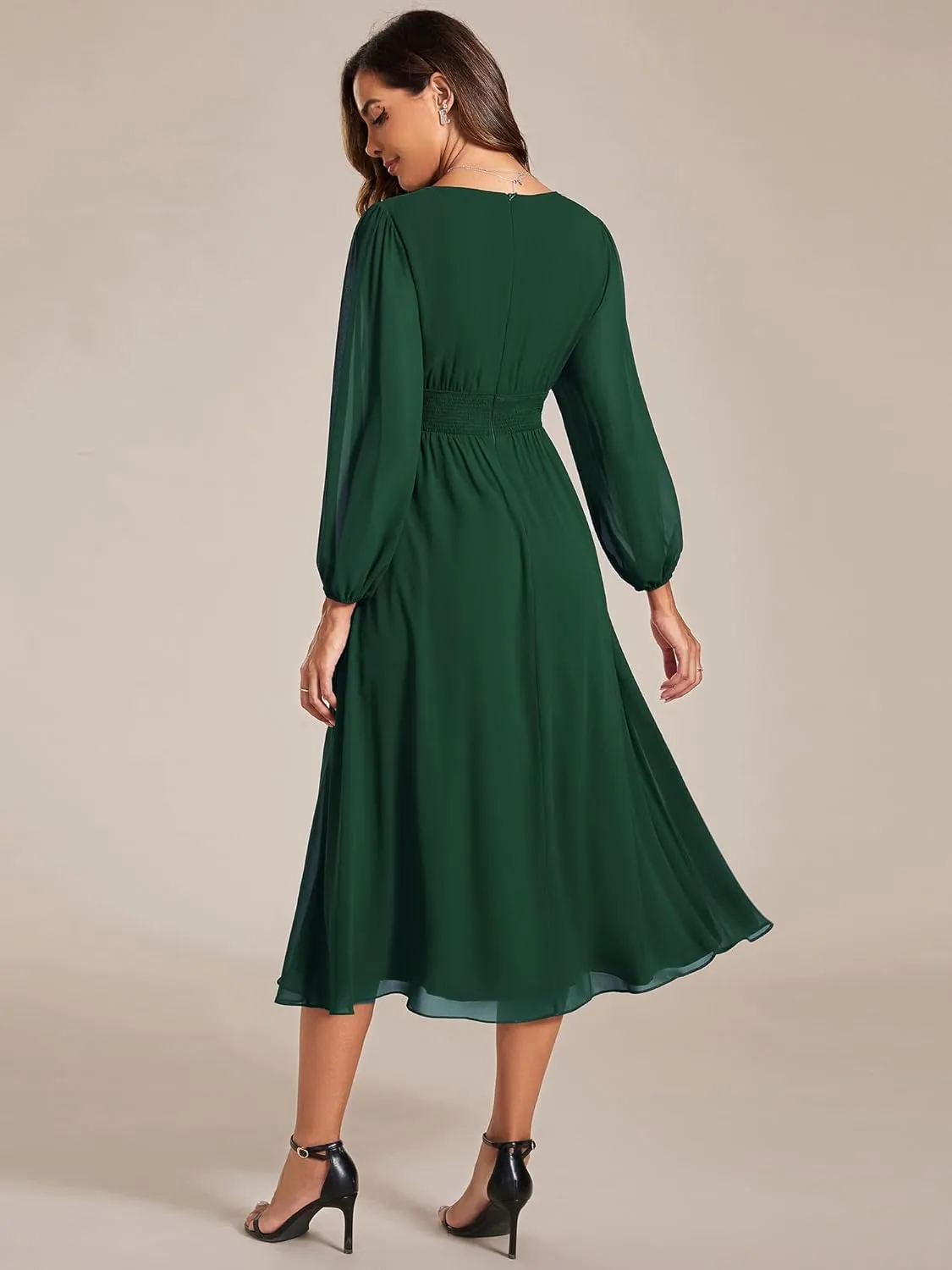 Ever-Pretty Women's Chiffon Long Sleeve Elastic Waist A-Line Knee Length Wedding Guest Dresses 01929