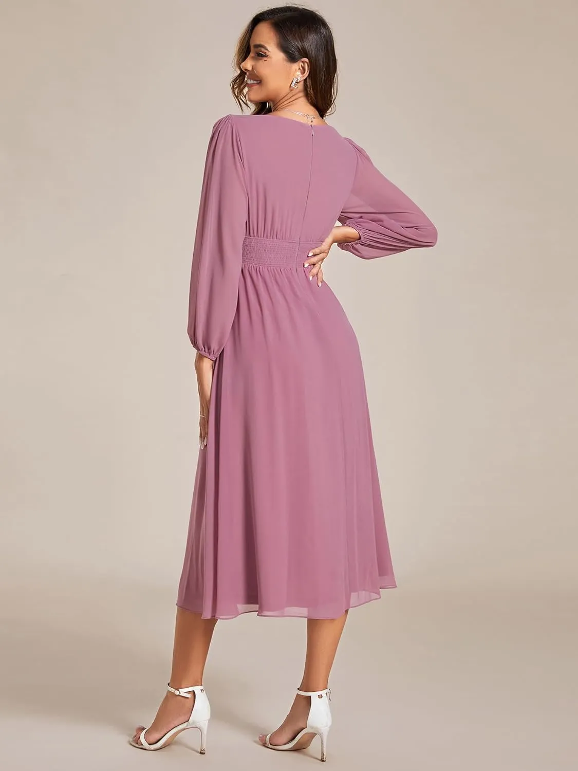 Ever-Pretty Women's Chiffon Long Sleeve Elastic Waist A-Line Knee Length Wedding Guest Dresses 01929