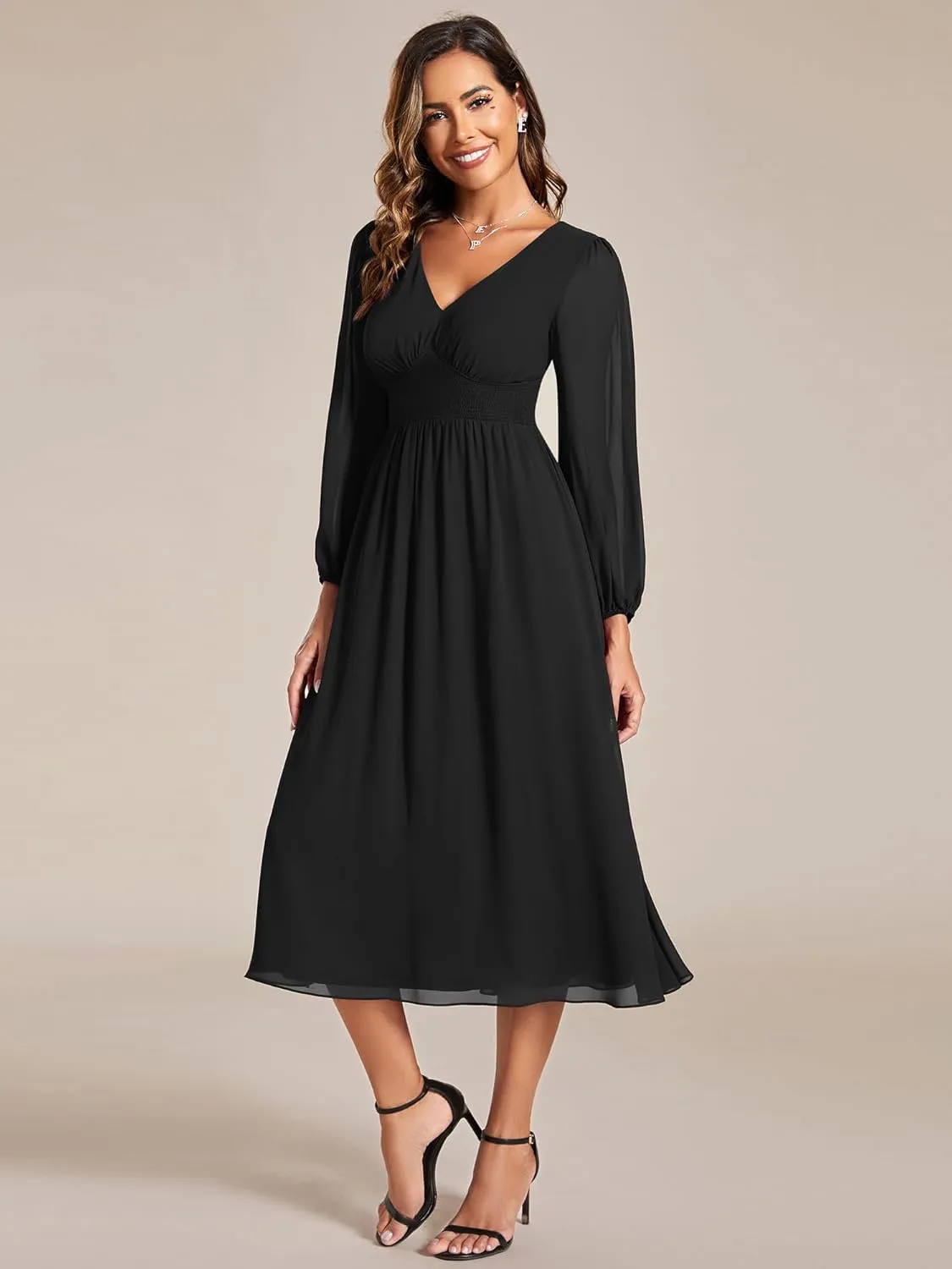 Ever-Pretty Women's Chiffon Long Sleeve Elastic Waist A-Line Knee Length Wedding Guest Dresses 01929