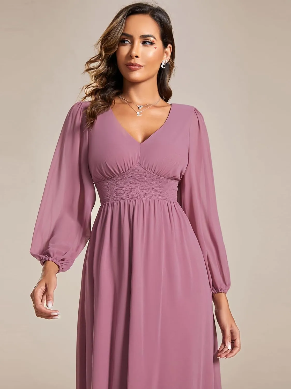 Ever-Pretty Women's Chiffon Long Sleeve Elastic Waist A-Line Knee Length Wedding Guest Dresses 01929