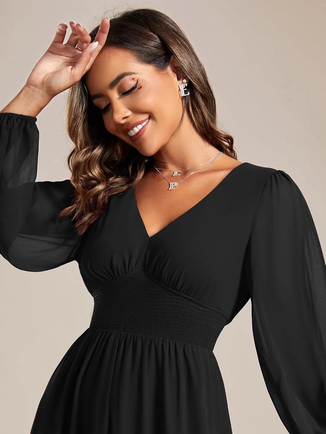 Ever-Pretty Women's Chiffon Long Sleeve Elastic Waist A-Line Knee Length Wedding Guest Dresses 01929