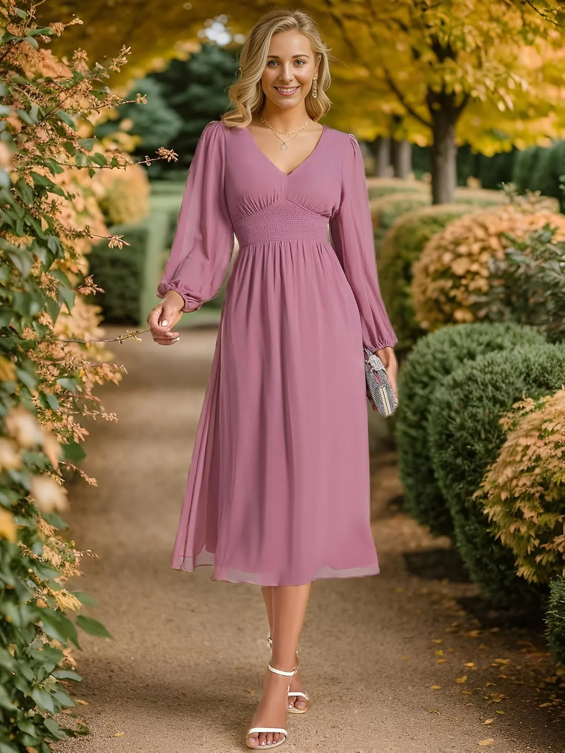 Ever-Pretty Women's Chiffon Long Sleeve Elastic Waist A-Line Knee Length Wedding Guest Dresses 01929