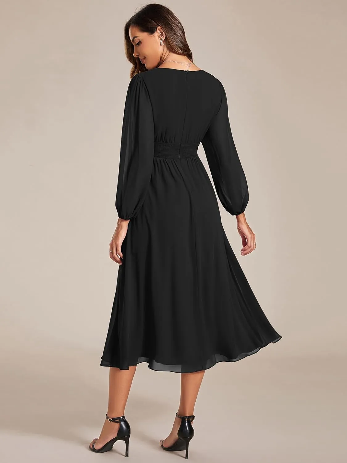 Ever-Pretty Women's Chiffon Long Sleeve Elastic Waist A-Line Knee Length Wedding Guest Dresses 01929