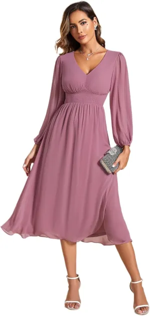 Ever-Pretty Women's Chiffon Long Sleeve Elastic Waist A-Line Knee Length Wedding Guest Dresses 01929