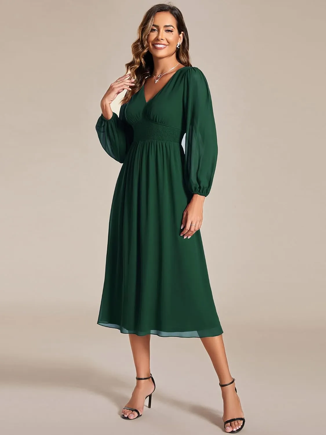 Ever-Pretty Women's Chiffon Long Sleeve Elastic Waist A-Line Knee Length Wedding Guest Dresses 01929