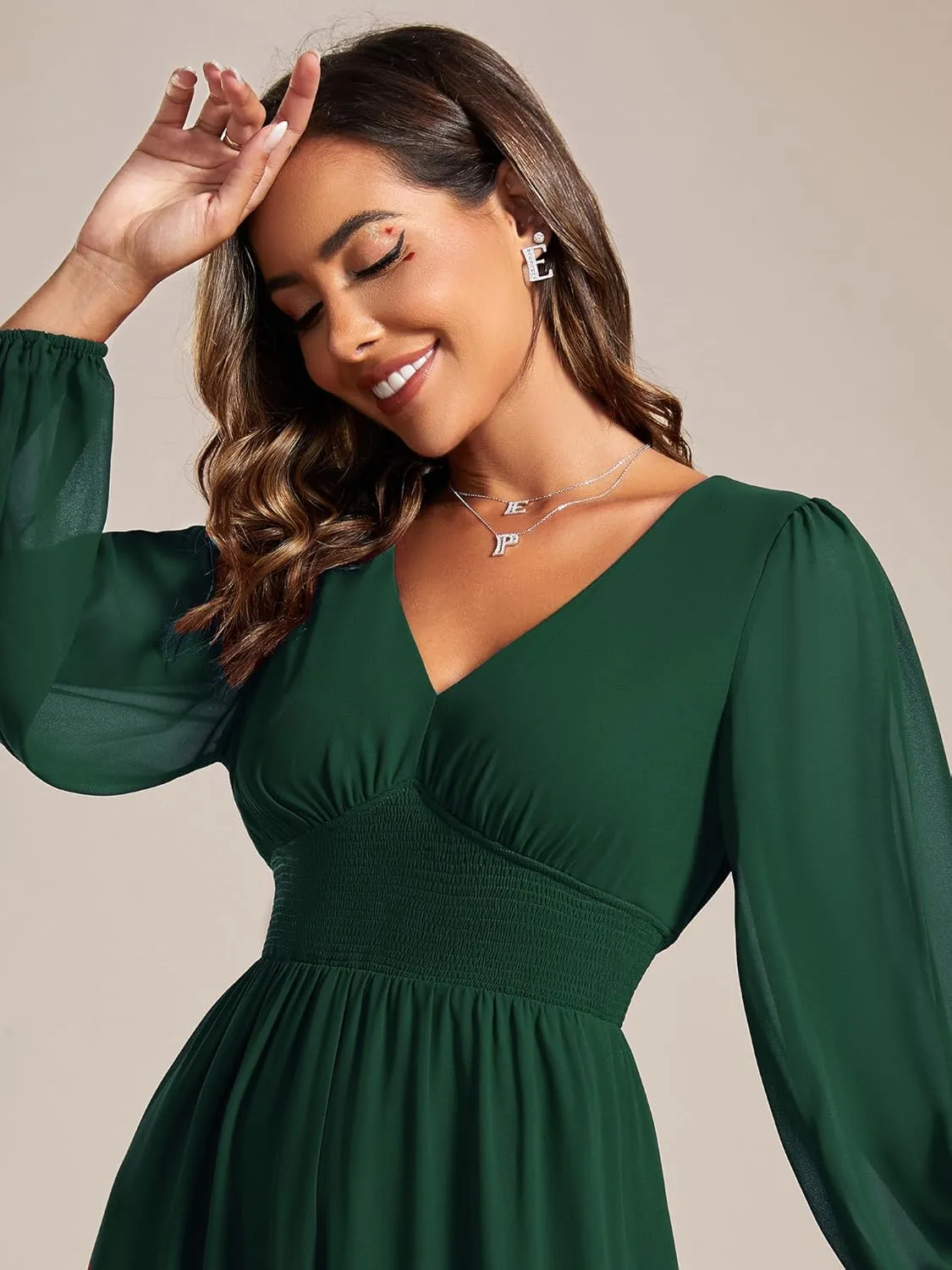 Ever-Pretty Women's Chiffon Long Sleeve Elastic Waist A-Line Knee Length Wedding Guest Dresses 01929