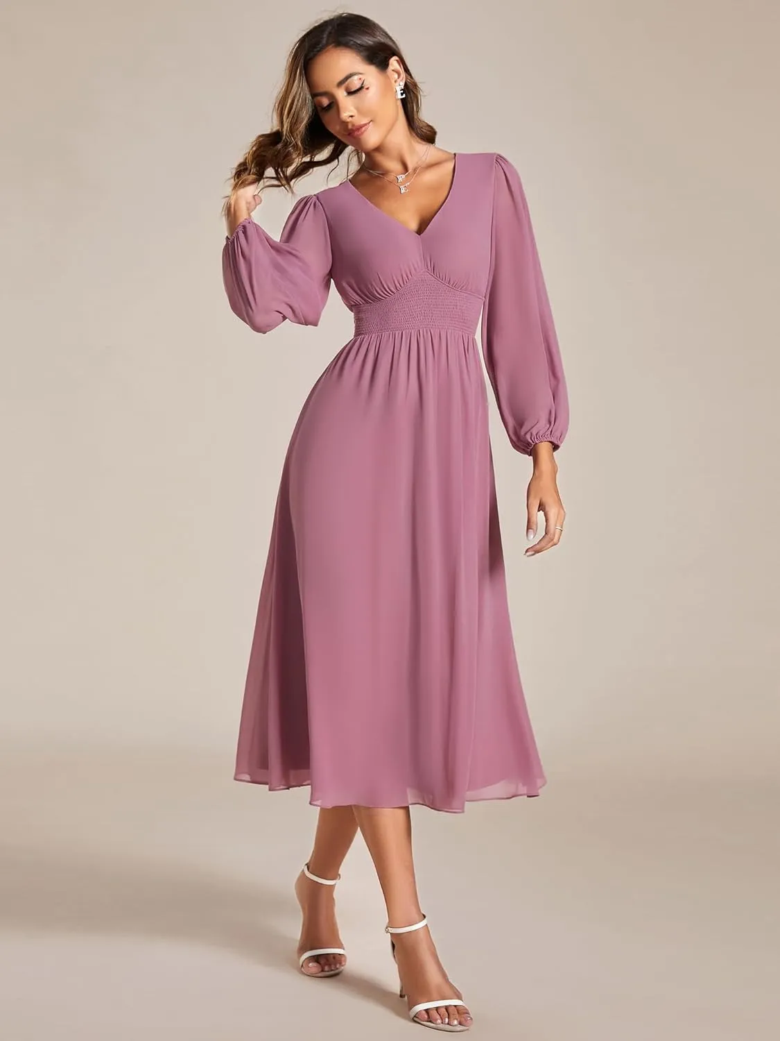 Ever-Pretty Women's Chiffon Long Sleeve Elastic Waist A-Line Knee Length Wedding Guest Dresses 01929