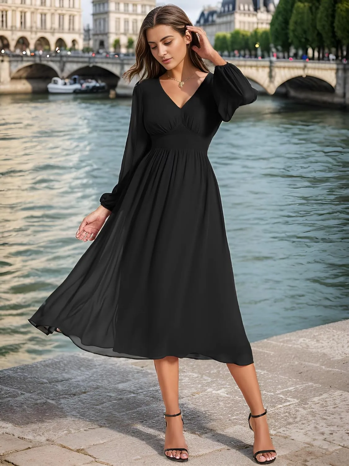 Ever-Pretty Women's Chiffon Long Sleeve Elastic Waist A-Line Knee Length Wedding Guest Dresses 01929