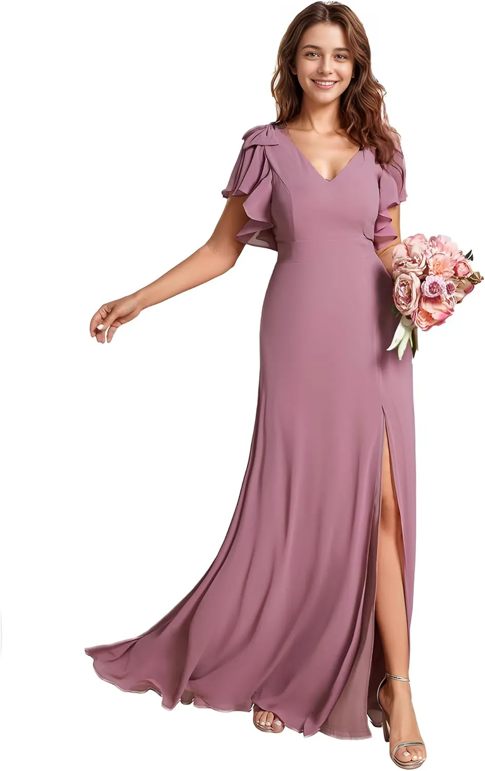 Ever-Pretty Women's Chiffon Mother of The Groom Dresses V Neck Split Ruffle Sleeves Formal Dresses 02080-PH